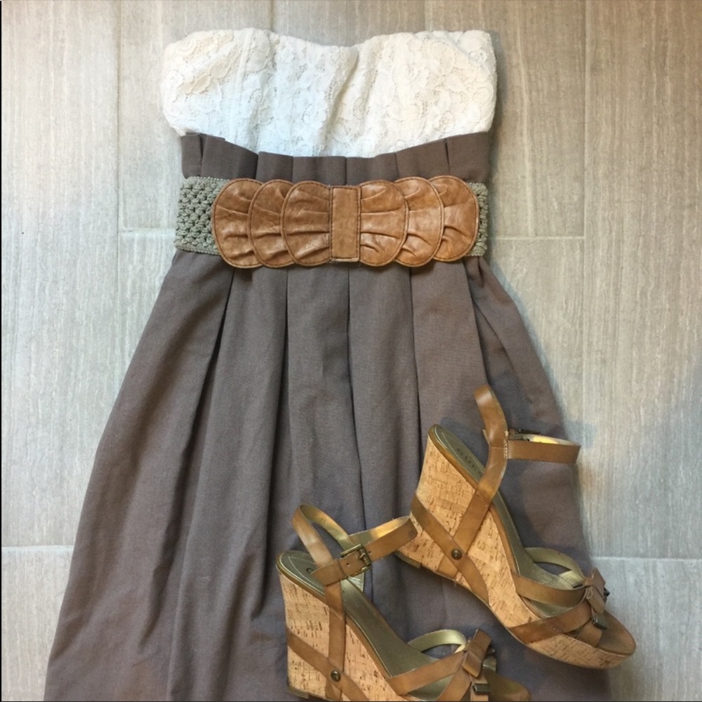 White Lace Pleated Sundress with Belt